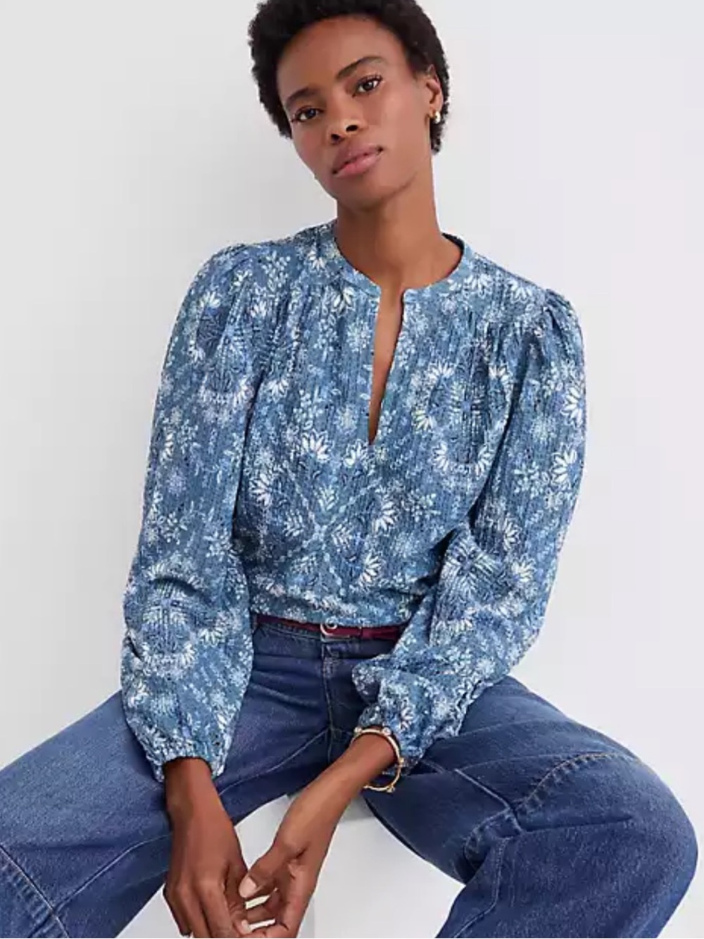 LOFT Blue Floral Smocked V-Neck Peasant Blouse